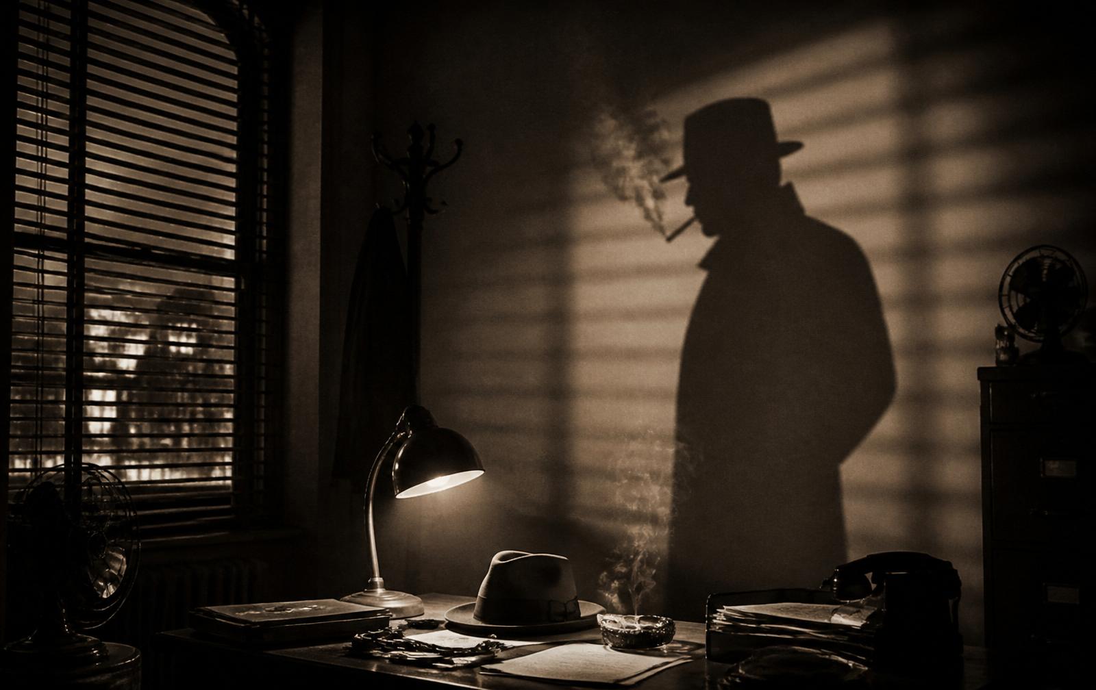 Silhouette of a private detective in a fedora behind a frosted office door